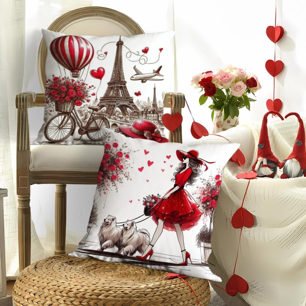 Chic Red Paris Theme Pillowcase - Eiffel Tower & Romantic Elements Print Pillow Cover for Sofa Bedroom Living Room