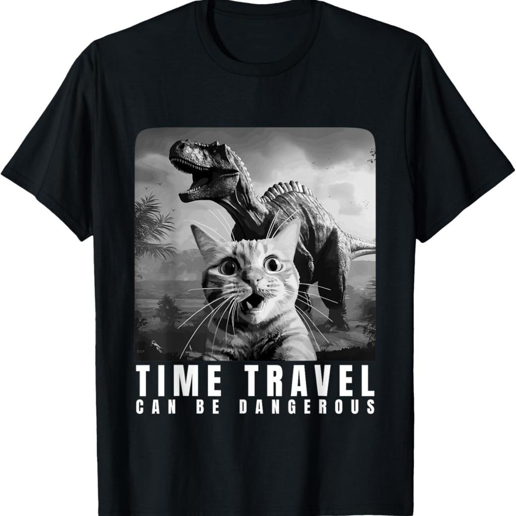 Cat Selfie Dinosaur Time Travel Can Be Dangerous Men, Women T-Shirt