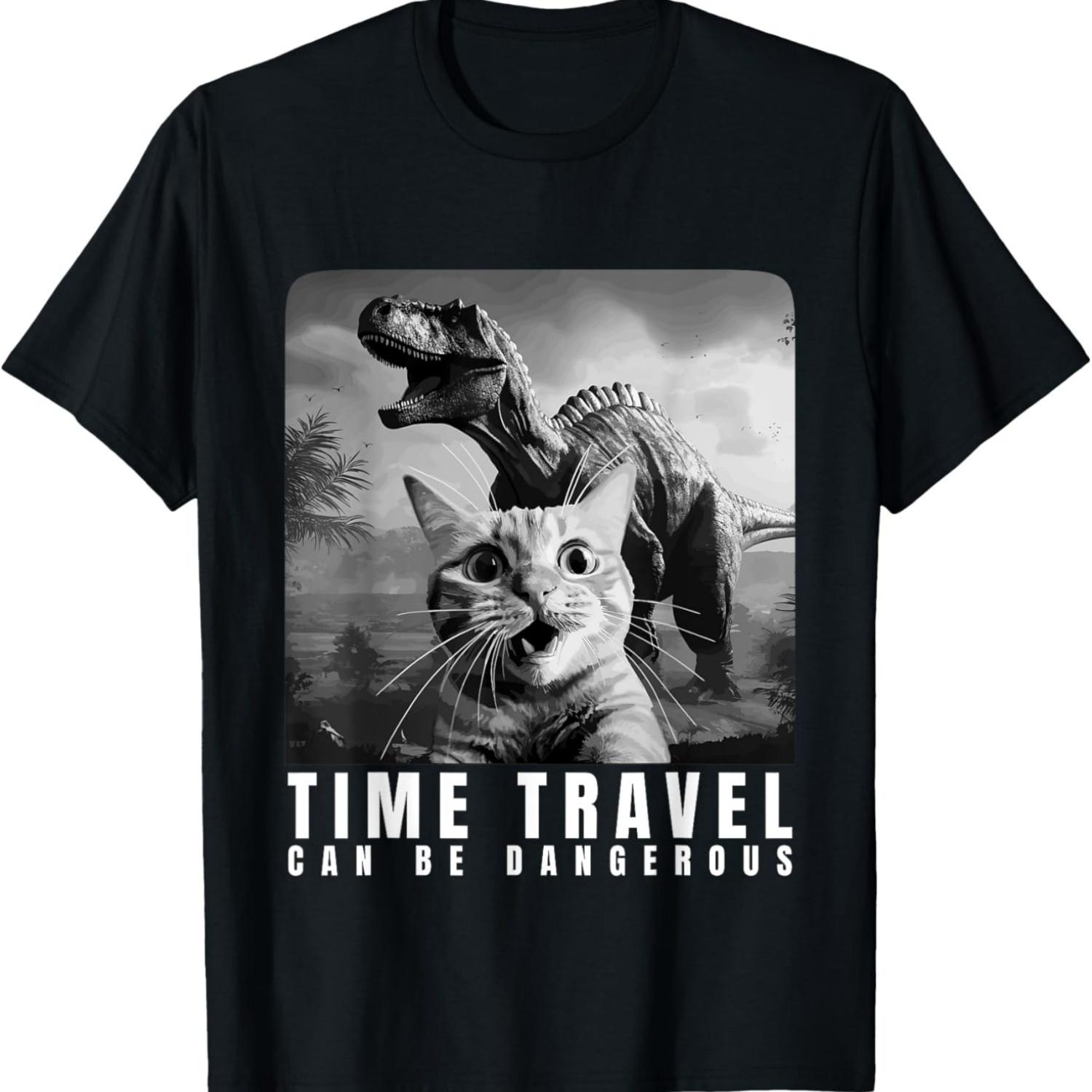 

Cat Selfie Dinosaur Time Travel Can Be Dangerous Men, Women T-Shirt S чёрный