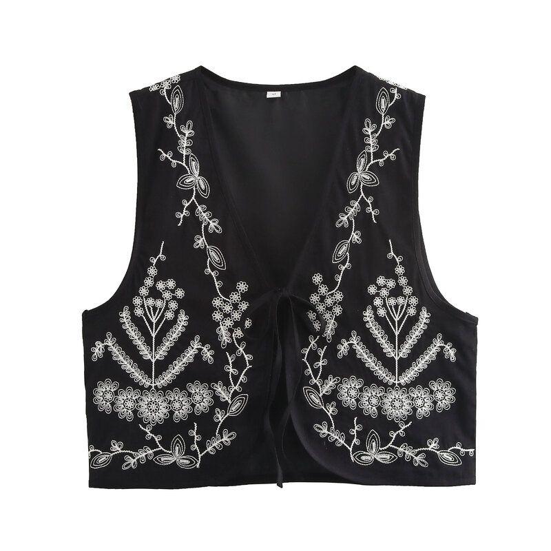 Fashion Style 2024 Autumn New Women's Clothing Stylish V-neck All-Matching Slimming Embroidered Sleeveless Retro Vest