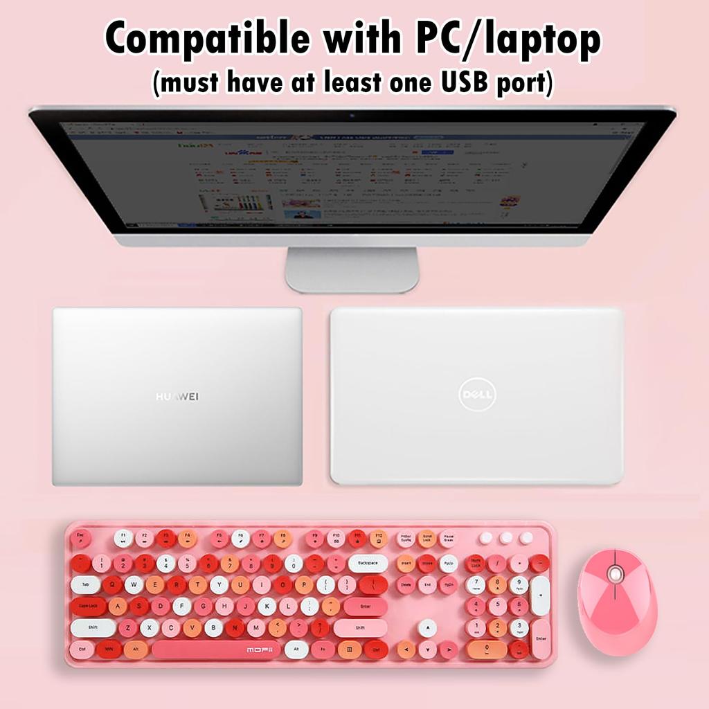 USB Wireless Keyboard and Mouse with Multicolor Round Cute Candy Compatible with Laptops and PCs 2.4G Typewriter-Style Keycaps, Colors, (Pink 2)