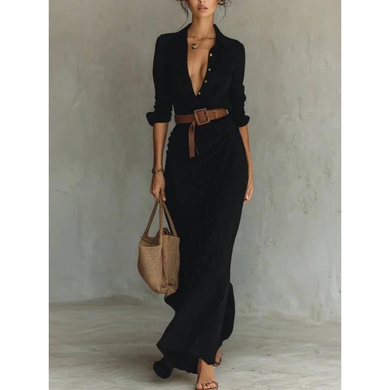 Beautiful Women's Autumn Elegant Temperament Sexy Solid Color Irregular Pleated Dress with Belt