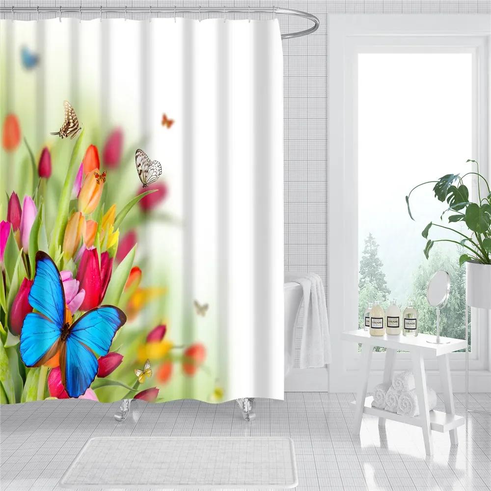 Rose Plum Blossom Flowers Print Waterproof Shower Curtain Washable Fabric Bath Curtain Home Bathroom Curtains With 12 Hooks