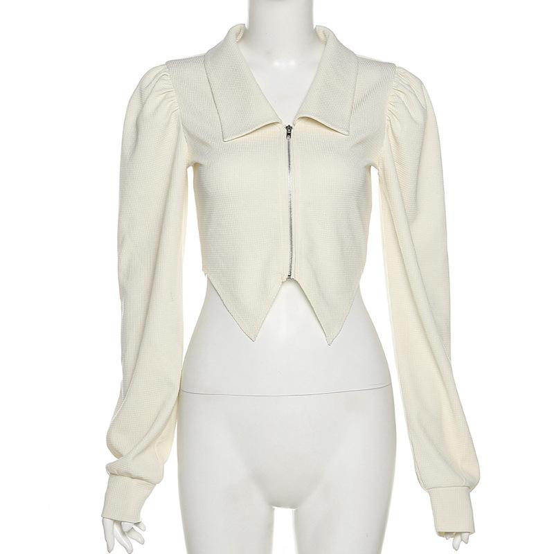 Evropský a americký styl jaro a podzim dámský jednobarevný slim střih s odhaleným pupíkem Módní klopa, zip, dlouhý rukáv