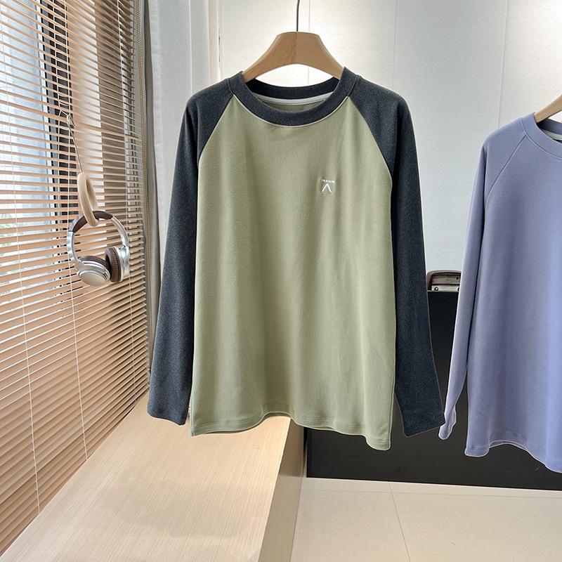 Unisex Outdoor Lightweight Color-Block Patchwork Round Neck Long Sleeve Fleece Base Layer T-Shirt