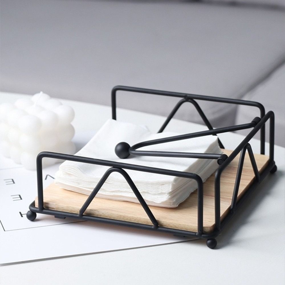 Wooden Base Flat Napkin Holder Metal Serviette Holder Reusable Tissue Organizer  Restaurant