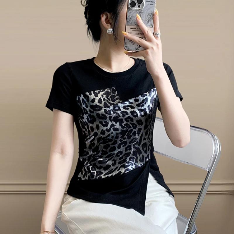 New Women Chic Leopard Print Patchwork Summer T-shirt Elegant O-neck Short Sleeve Irregular Tops Casual Ladies Slim Cotton Tees