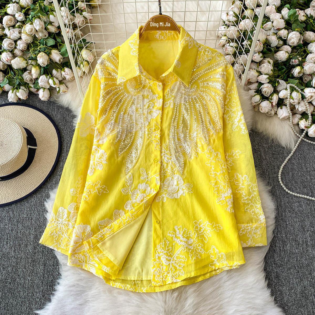 

Girls Autumn Lapel Shirt with Bead & Sequin Embroidery – French Retro Style One Size жёлтый