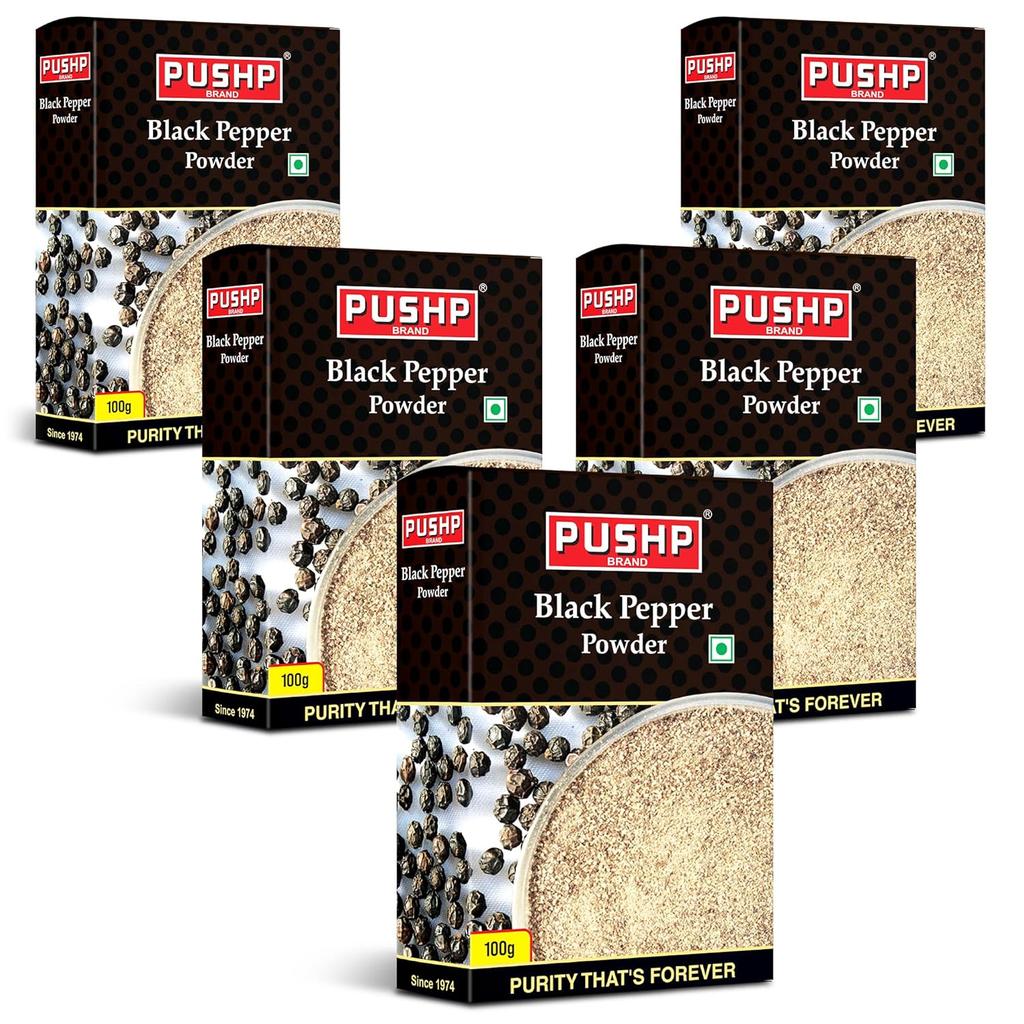 Pushp Premium Black Pepper Powder 100g Pack Of 5 Pure Natural Kali Mirch For Authentic Indian Cooking Soups And Gravies