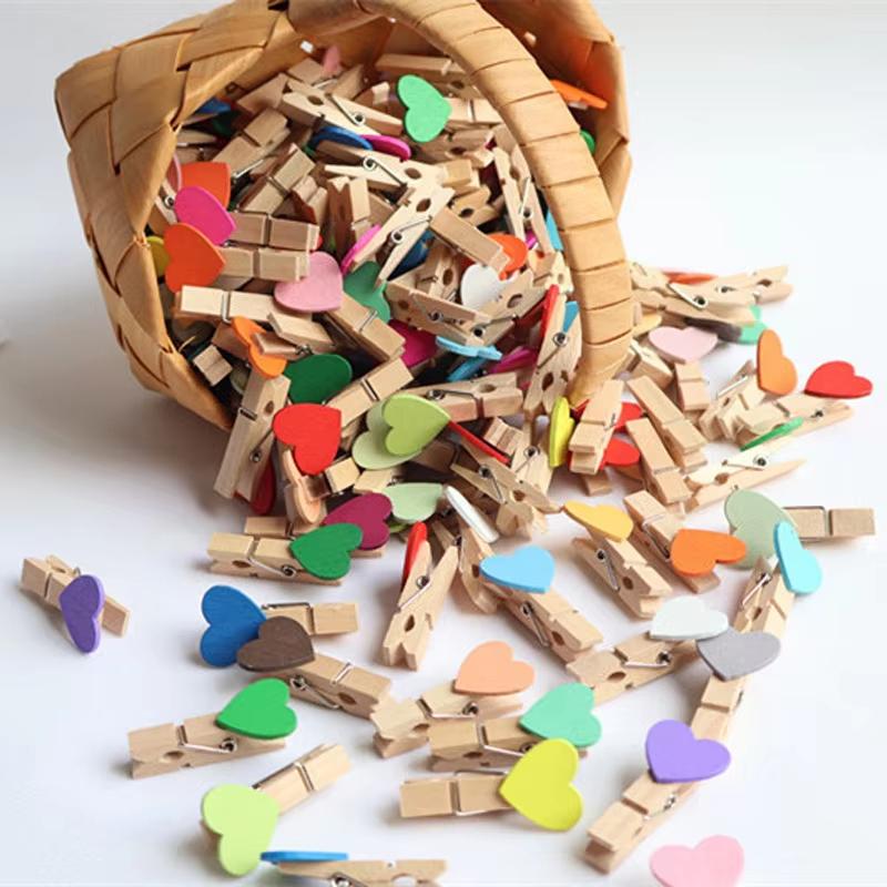50Pcs Wooden Colored Love Heart Photo Clip Memo Paper Diy Photo Clips Wedding Decoration Postcard Clips Clothespin Home Decor
