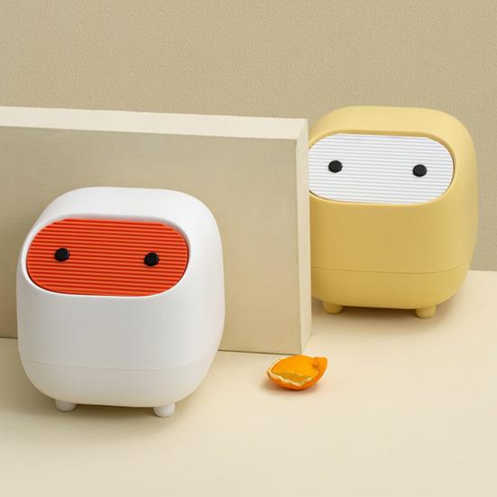 Desktop Trash Can with Folding Cover Press-Type Opening Mechanism Compact Size Cartoon Shape Trash Bin