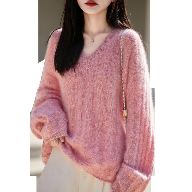 Autumn 2025 Solid V-Neck Brushed Knit Wool Sweater - Loose, Fashionable, Cozy Pullover