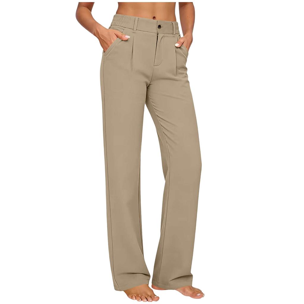 Women’s High Elastic Straight Leg Casual Pants with Waistband and Side Pockets Suitable for Everyday Wear and Office