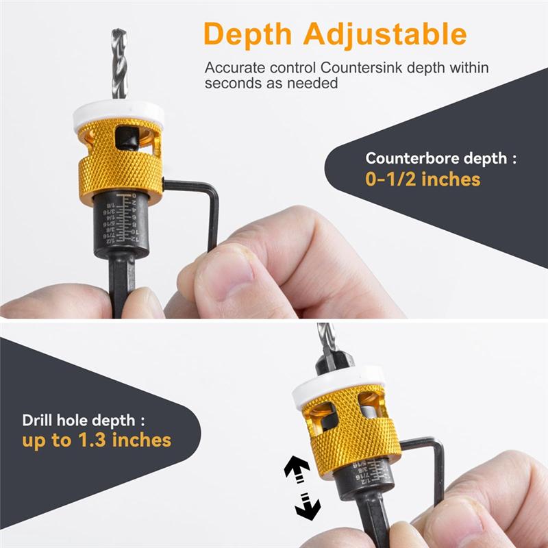 ABUL-5Pcs Countersink Drill Bits Set With Low Friction Depth Stop, With 10Pcs Replacement HSS Drill Bit,Adjustable Depth Stop