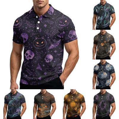 Herren Halloween Print Kurzarm Poloshirt Lockere Passform Lässig Sommer Täglich Oberteil Knopfleiste Kragen