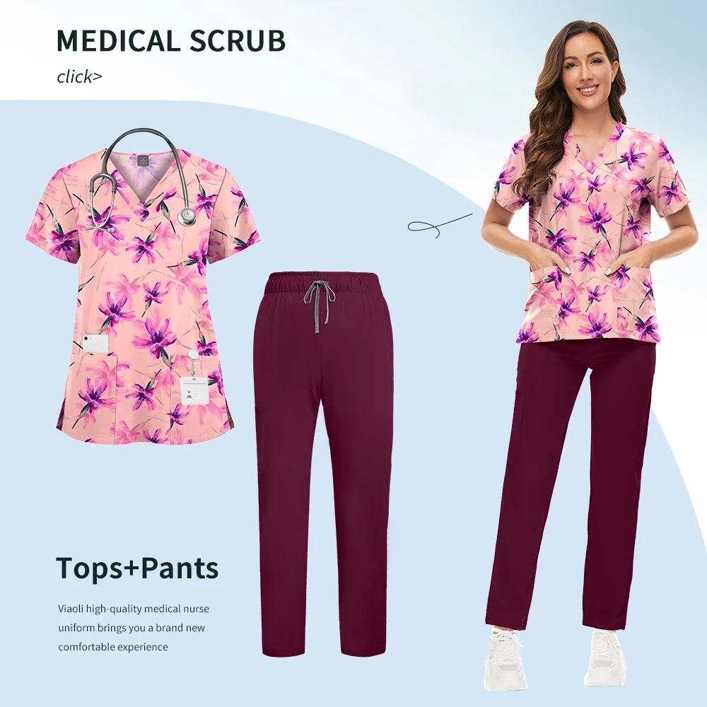 Printed Scrub Uniform Set V Neck Short Sleeves Pockets Top Medical Soft Scrub Pants Sets Nurse Surgical Uniforms Woman
