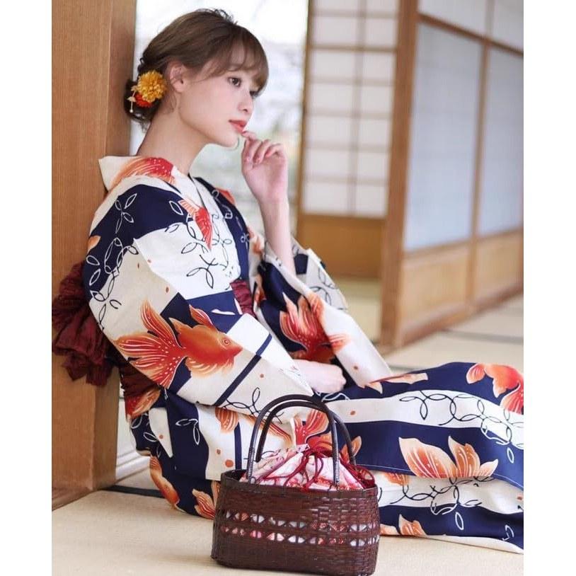 JIUJIUYCL Yukata two-piece ladies kimono womens single item 2-piece set 3-piece obi tied geta wrinkle-resistant Japanese pattern floral goldfish cute