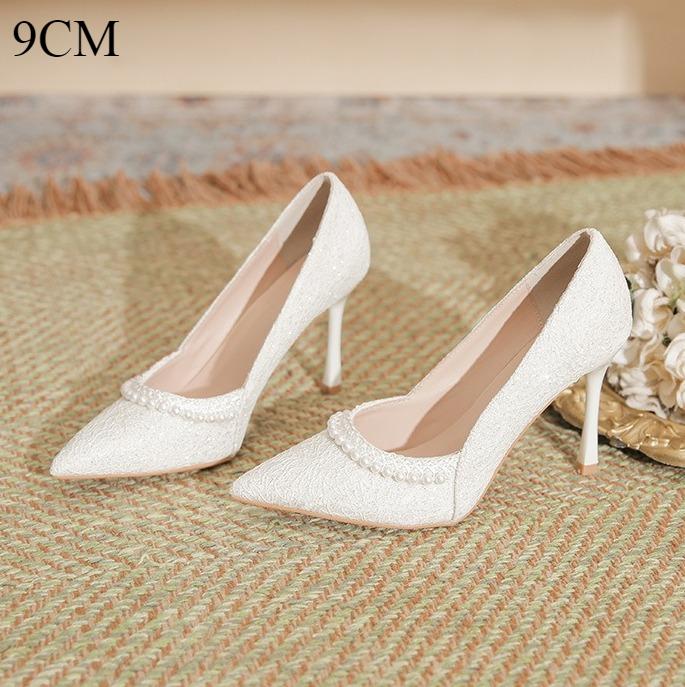 Fashion High Heels Women's New Pearl Lace High Heels Womens Thin Heels Pointed Bridesmaids Solid Color Large Size Wedding Shoes