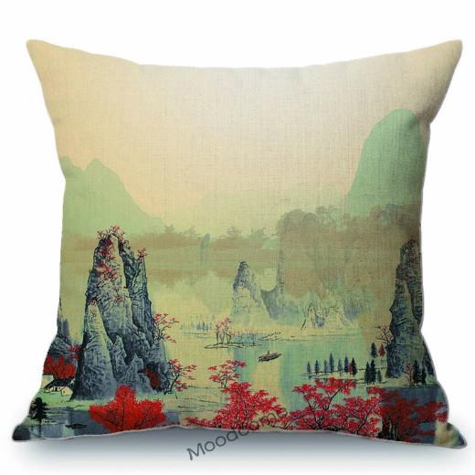 Traditional Chinese Ink Oil Painting Mountain Scenery Cotton Linen Sofa Throw Pillow Case Home Decoration Car Cushion Cover Case