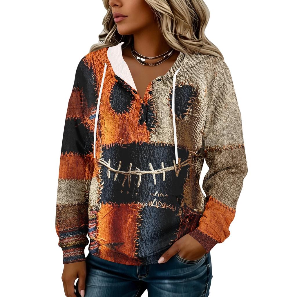 Women's Fashion Hooded Halloween Print Sweatshirt with Buttons for Festive