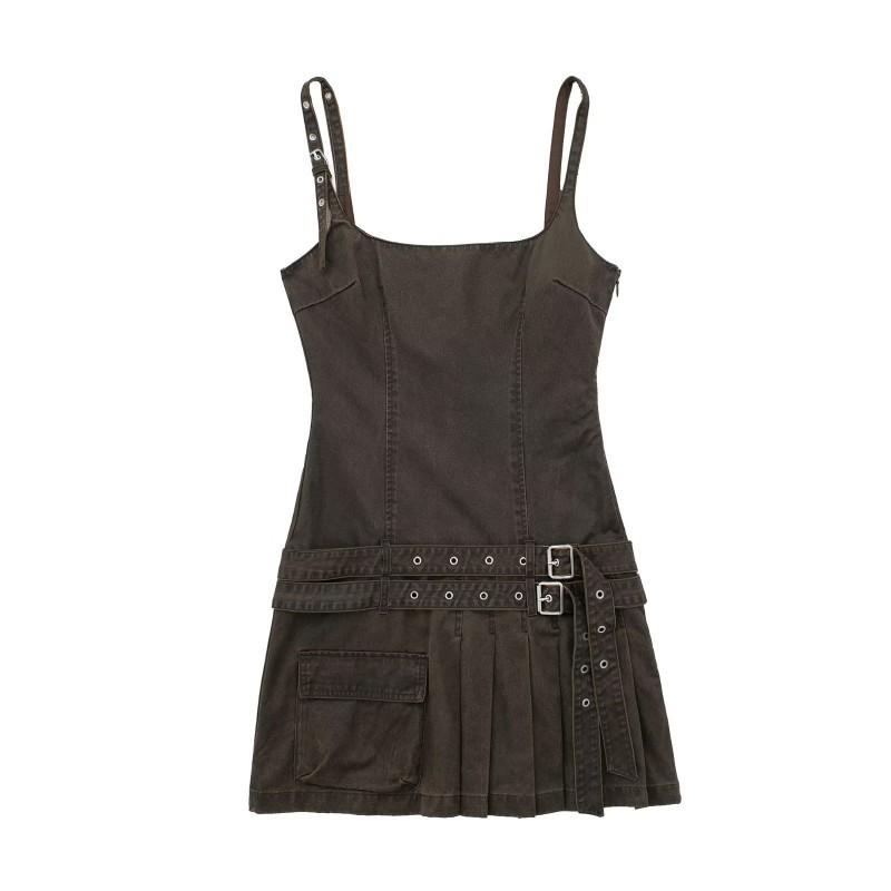 

European American Women s Clothing Summer Retro Hot Girl Waxed Leather Straps Pleated Jumpsuit Skirt XS темно-коричневого