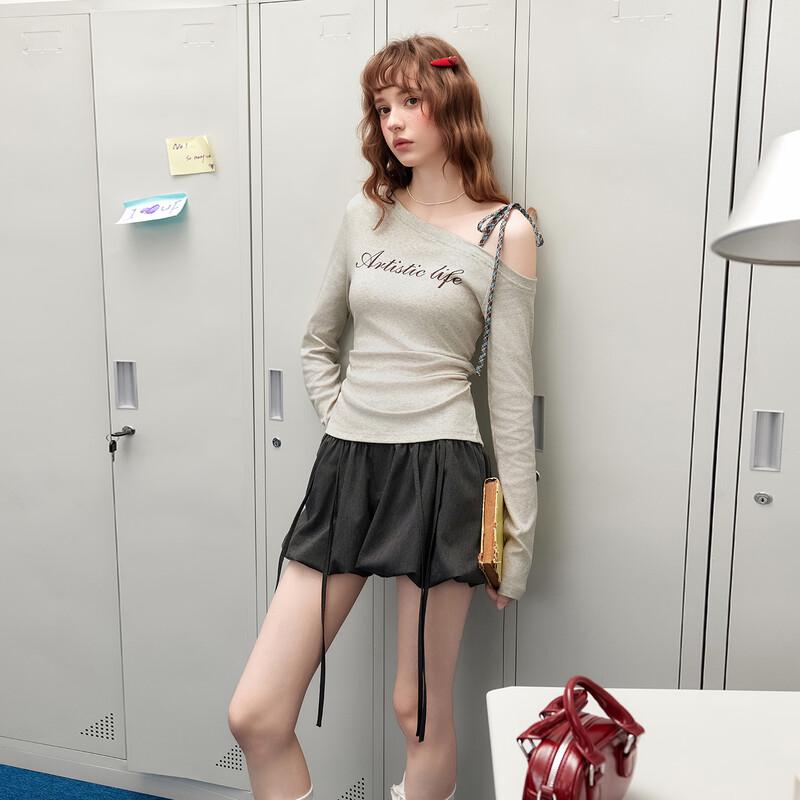 unifree American Retro Letter Print Off-Shoulder T-Shirt