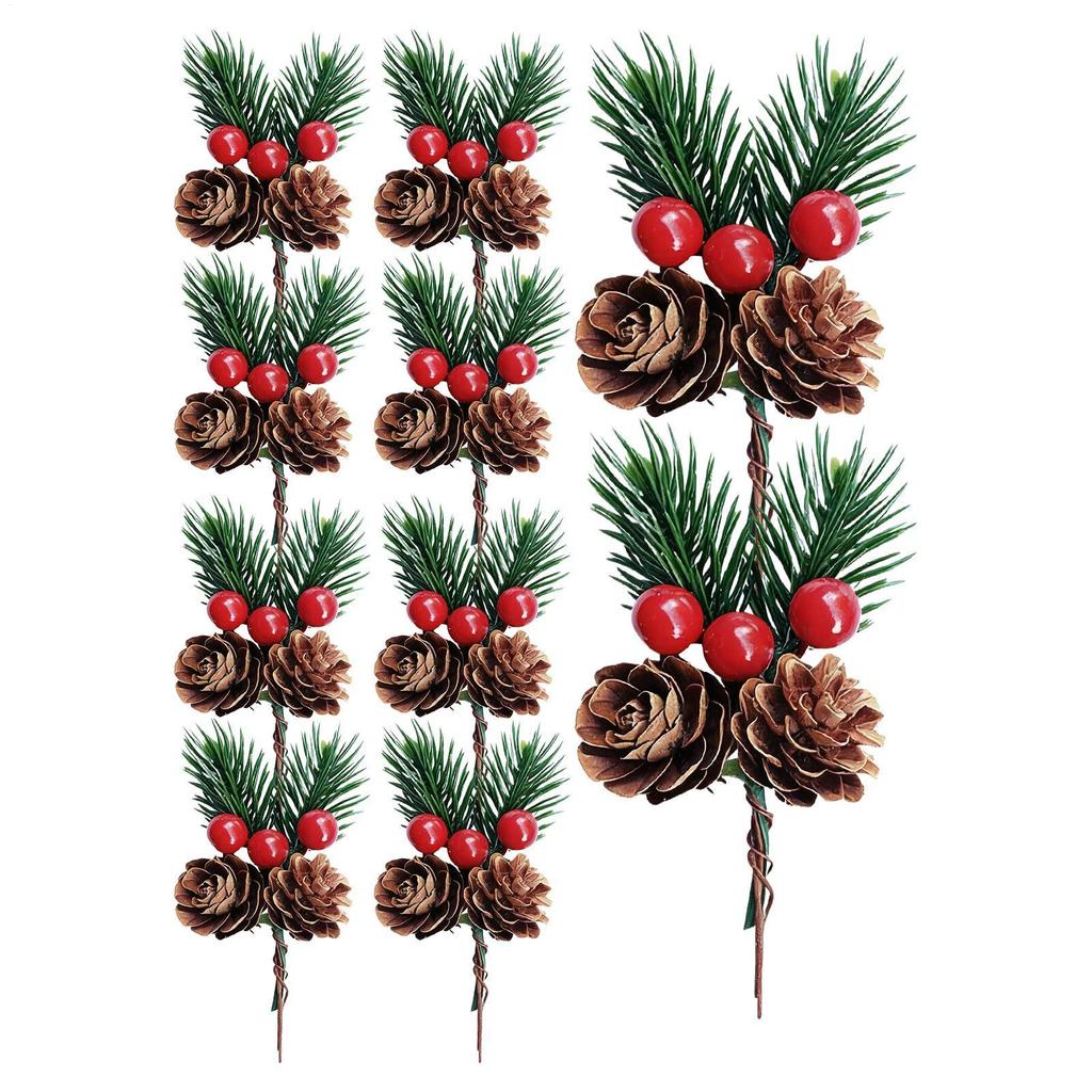 10Pcs Christmas Pine Picks Artificial Red Berries Branches with Pinecone Stem For DIY Wreath Home Christmas Party Decor Supplies