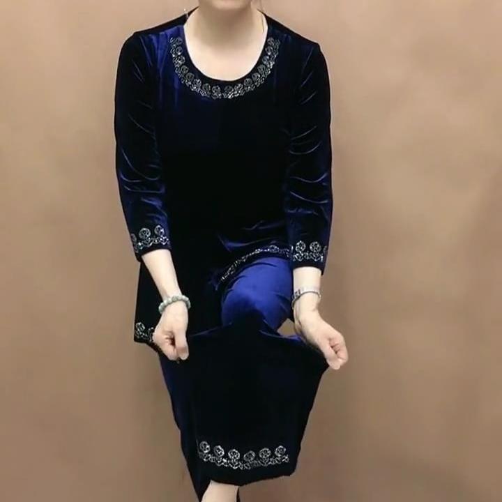 2pcs Pants Suits High-end Autumn Retro Women's Velvet Printed Plus-size Blouse High-waist Velvet Pants Two-piece Set