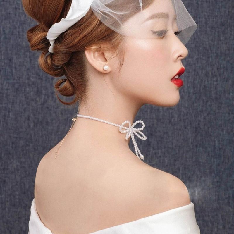 Bowknot Neckchain Girl Simple Imitation Pearls Choker Chain Aesthetic Jewellery