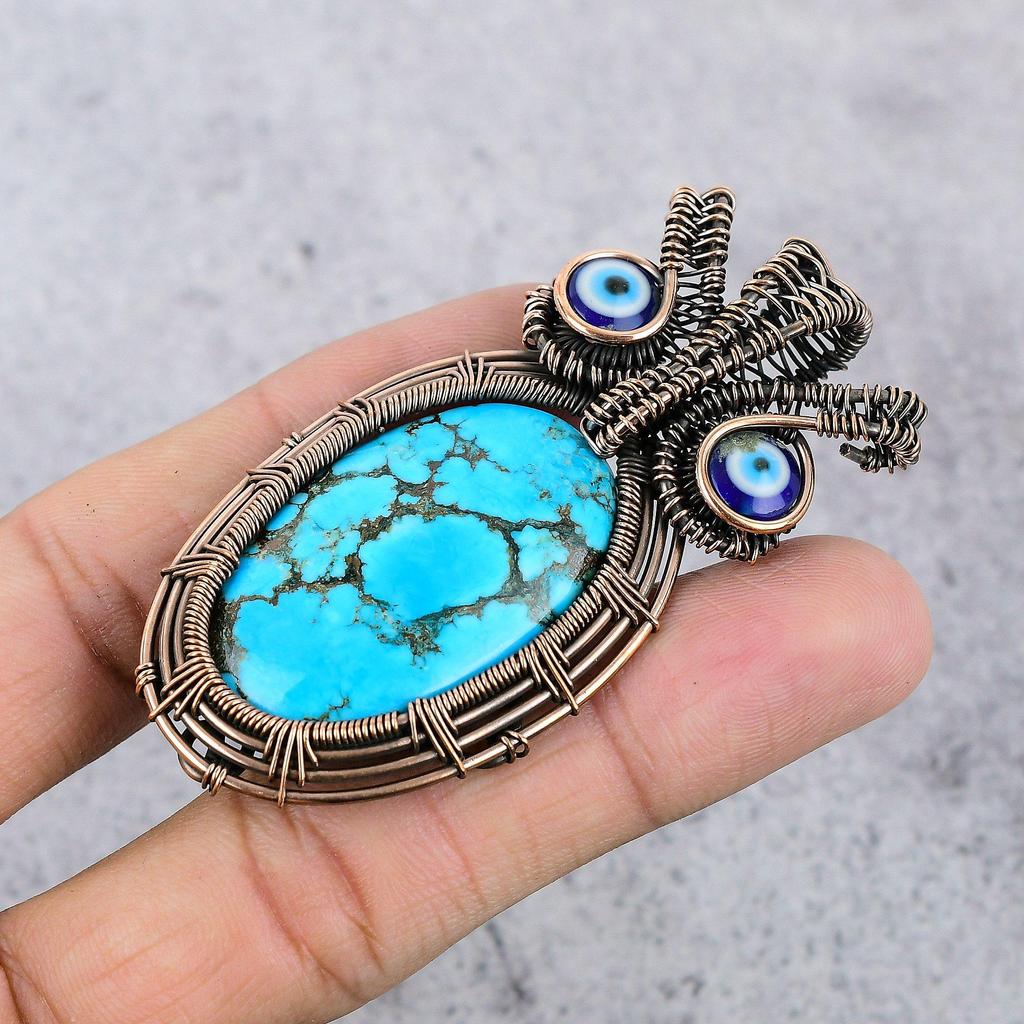 Tibetan Turquoise & Blue Evil Eye Pendant, 999 Copper Wire Wrapped Gemstone Jewelry, Handmade Pendant, For Thanksgiving