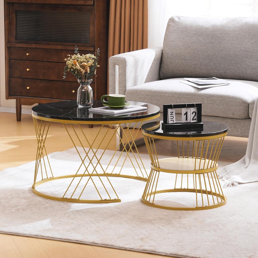 Couchtisch 2er Set, Hochglanz Wohnzimmertisch, Coffee Table mit Stauraum, für Wohnzimmer, Balkon, Metallgestell, Gold und Schwarz