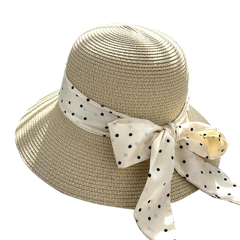 Polka Dot Bow Webbing Fashion Straw Hat Spring and Summer High-end Versatile Travel Sun Protection Hat Sunshade Face Small Lantern Hat