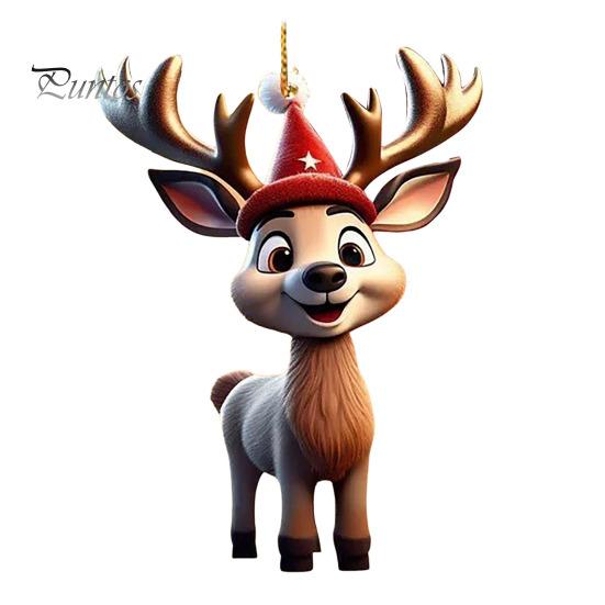 Colgante de ciervo navideño de acrílico 2D, adorno colgante de reno plano, gorro de Papá Noel de dibujos animados, colgante de reno para decoración del árbol de Navidad del hogar