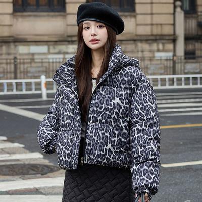Leopard Print Winter Coat for Women Warm Short Padded Thick Bread Jacket