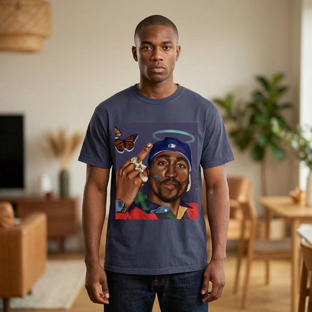 Halo Portrait with Butterfly T-shirt | Illustrated Rap Icon Art 2XL