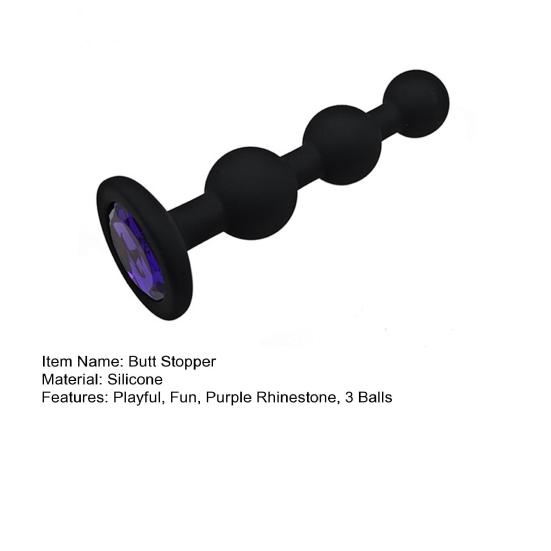 Silicone Anal Beads Butt Stopper 4.2 Inch Three Ball Anal Chain Training Toy with Purple Rhinestone Adult Sex Toy for Male Female Couple Play