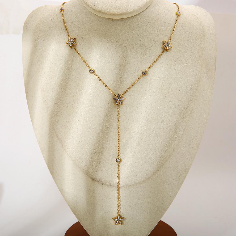 ins light luxury elegant diamond-encrusted pentagram fringed pendant necklace plated with 18k gold stainless steel waterproof collarbone chain