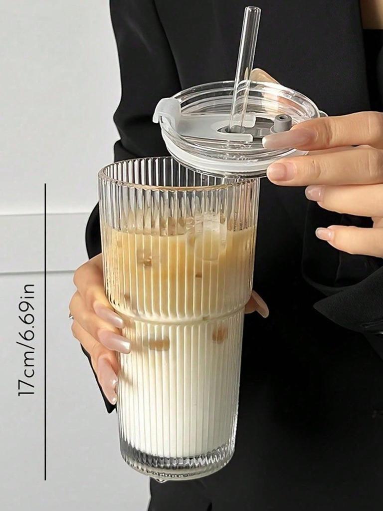 500ml gestreifte Glasbecher mit Deckel & Strohhalm, hitzebeständig, für Kaffee/Tee/Smoothies, ideal für Büro, Picknick & täglichen Gebrauch, in Schaumstoffbox verpackt