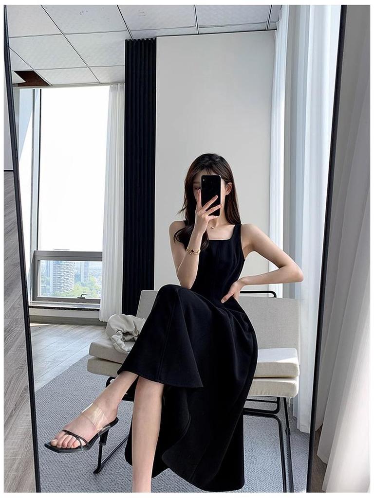 2024 Women's Black Spaghetti Strap Dress - French Style, Waist-Hugging, Hepburn Inspired, Square Neck, High Waist, Over-the-Knee Length