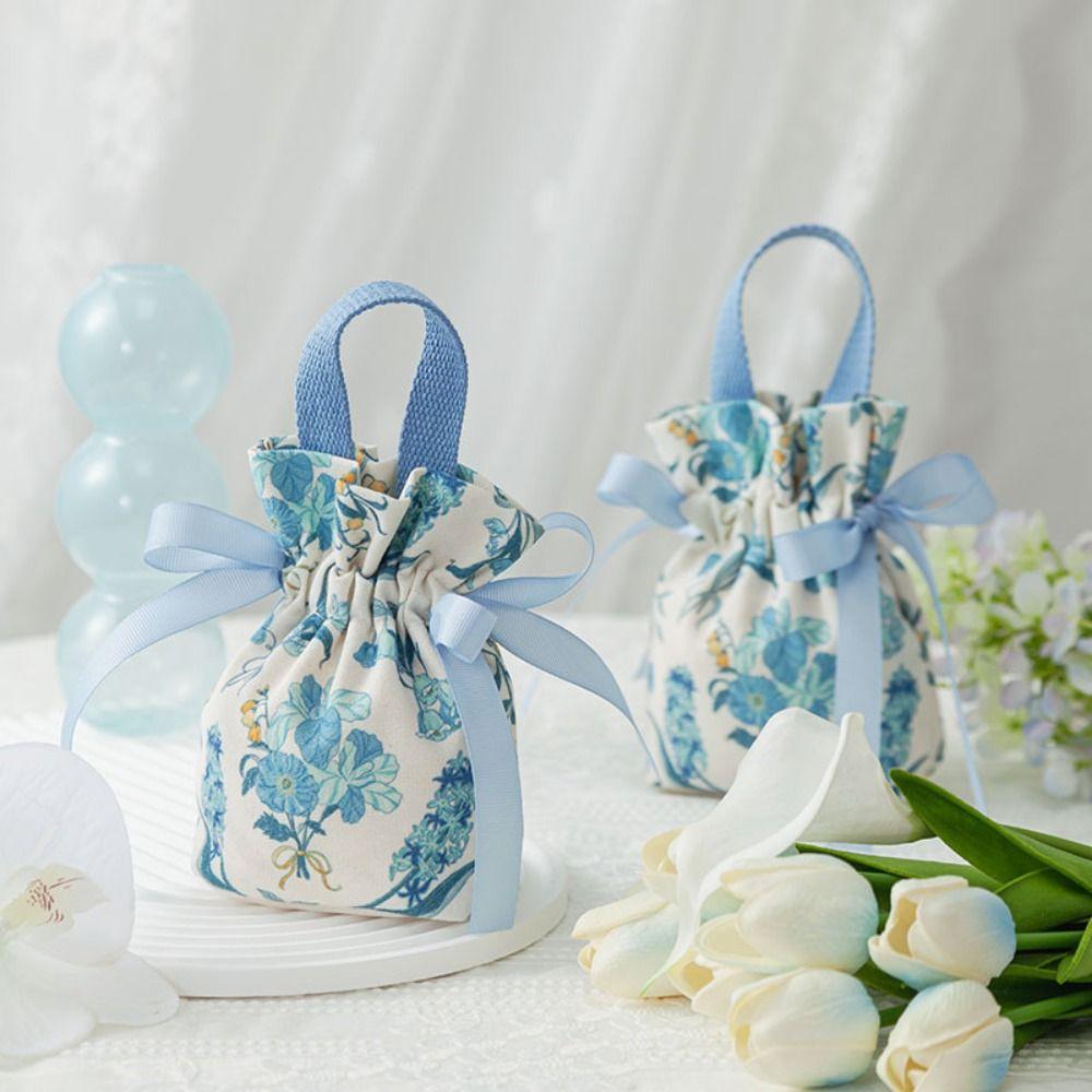 Pearl Handle Canvas Flower Drawstring Bag Ribbon Bow Festive Sugar Bag Bowknot Handbag  Outdoor