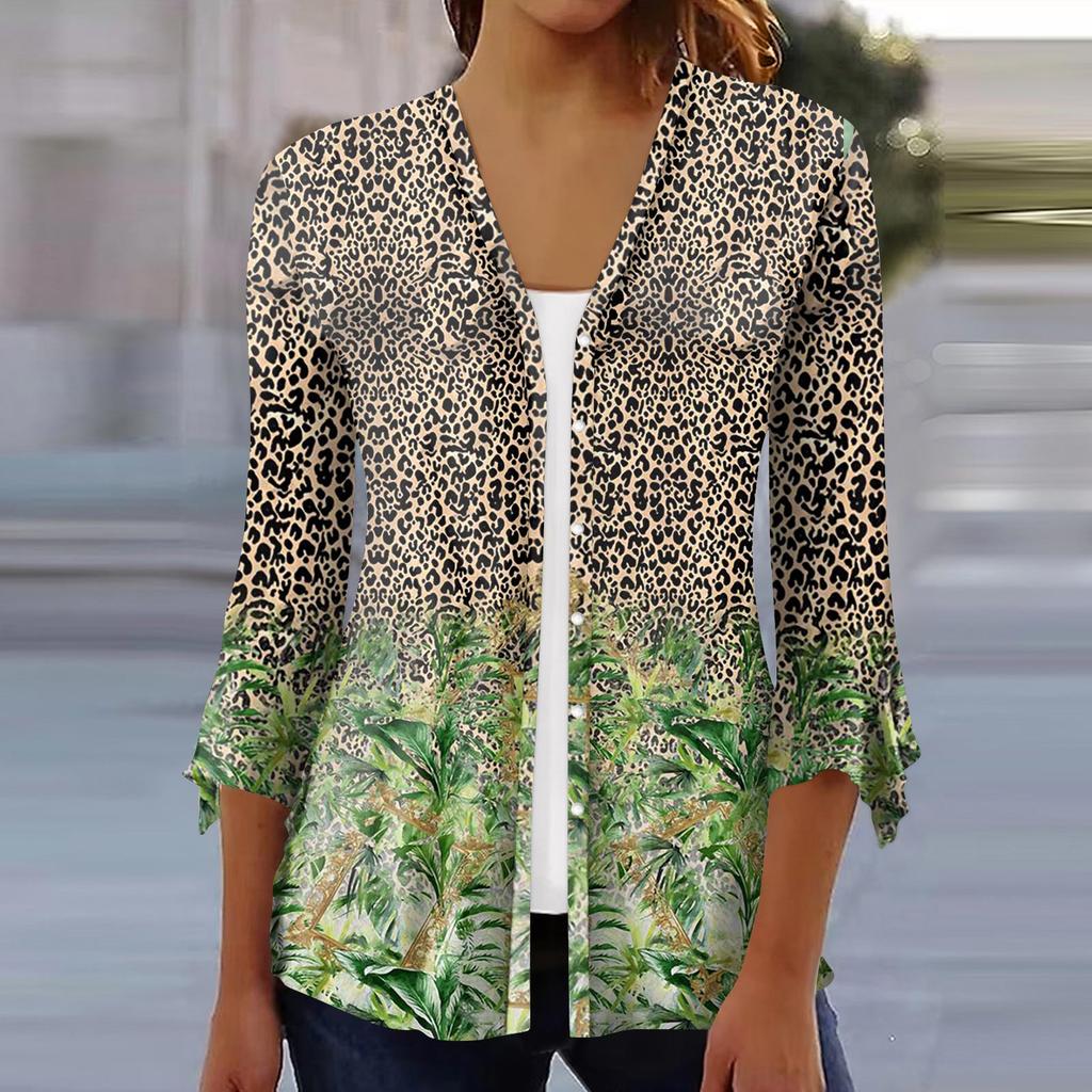 Moda Donna Blusa Cardigan Top Manica a Sette Parti Stampata Casual Ampia