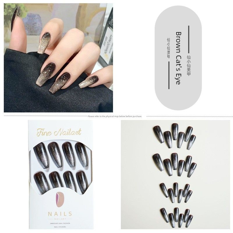 

Синий Черный Градиент Европейский и Американский Готовый Продукт Накладной Ноготь Носка 81-Brown Cat s Eye