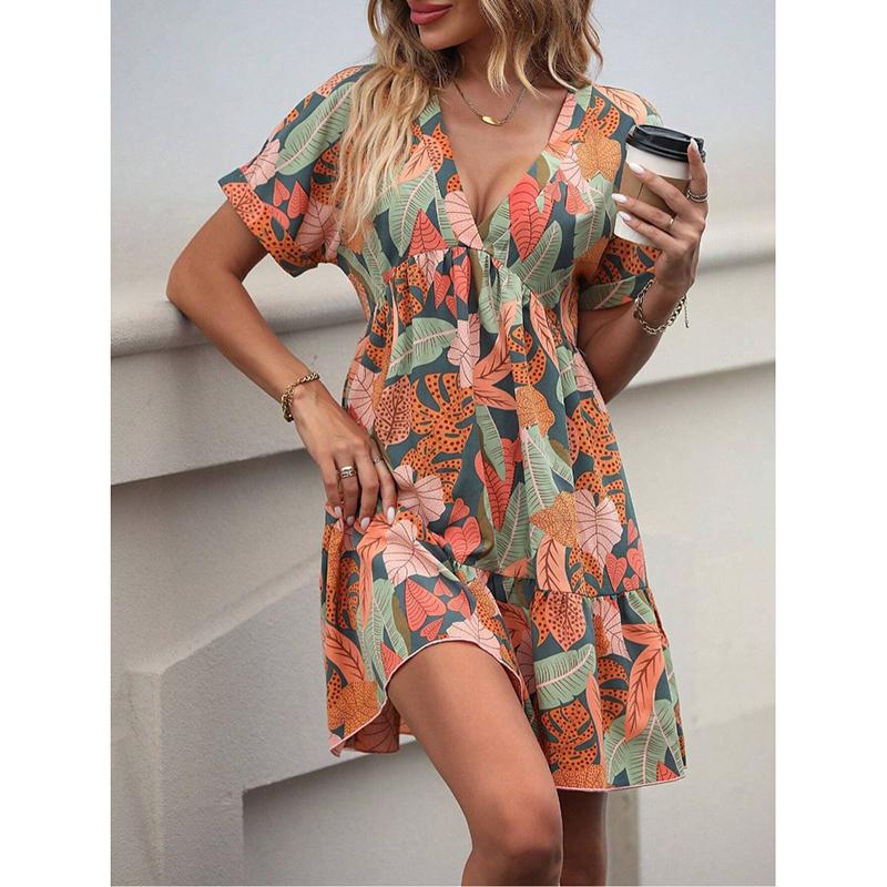 Mode Kurzarm V-Ausschnitt Slim Fit Lässiges Sommerkleid Damen Eleganter Druck A-Linie Lose Damenkleider Vintage Plissee Damen Strandkleid Neu 26552