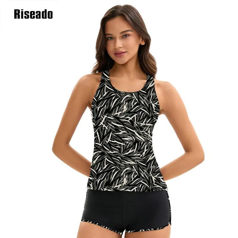 Women s Two-piece Swimsuit 2026 Leaf Print High Waist with Boyleg Swimdress Tankini Set for Female Full Body Cover Swimwear S чёрный