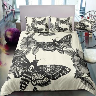 Gothic Schädel Bettbezug Set Totenkopfschwärmer und Blumen Bettdeckenbezug King Personalisiert Skelett Knochen Bettwäsche Sets Schwarz Creme