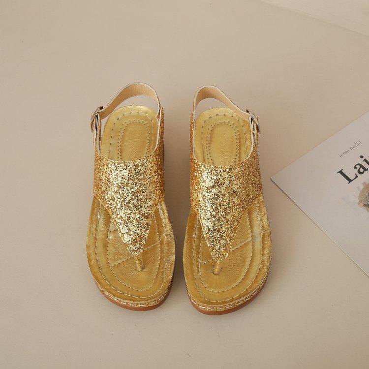 Foreign trade herringbone sandals summer new thick-soled wedge heel toe women's shoes buckle casual sequins retro large size sandals