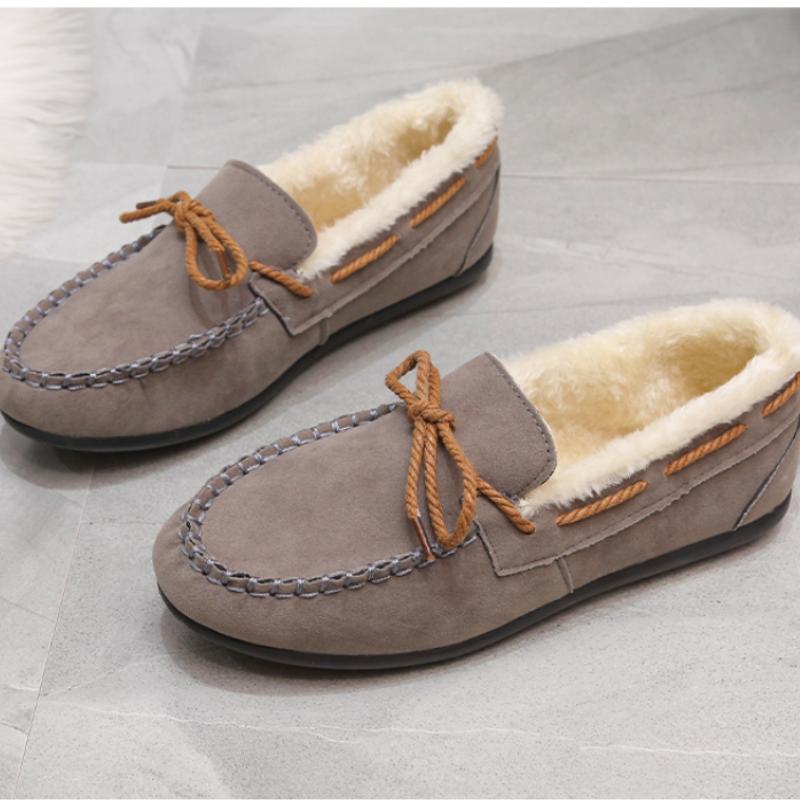 2025 Winter Women's New Bean Shoes Fashionable, Comfortable, Warm, Plush Bow Women's Cotton Shoes Casual Non slip Flat Shoes