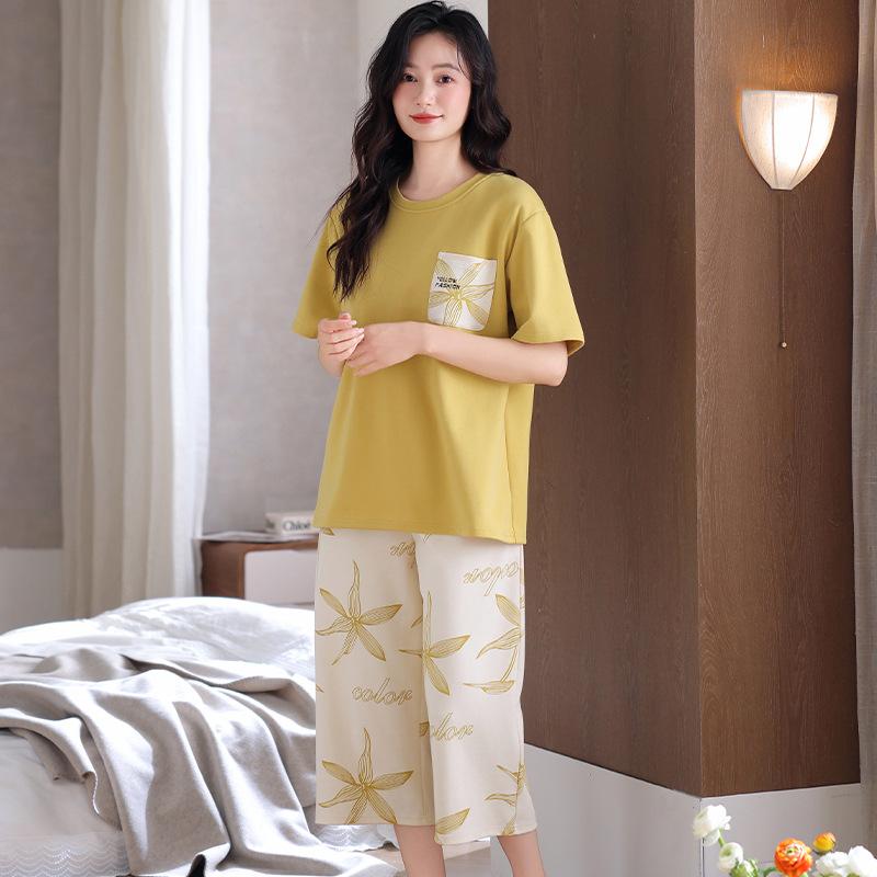 Bring Your Own Chest Pads, Pajamas, Women's Summer Pure Cotton Short-sleeved Cropped Pants, Cotton-free Bras, and Loungewear Sets That Can Be Worn