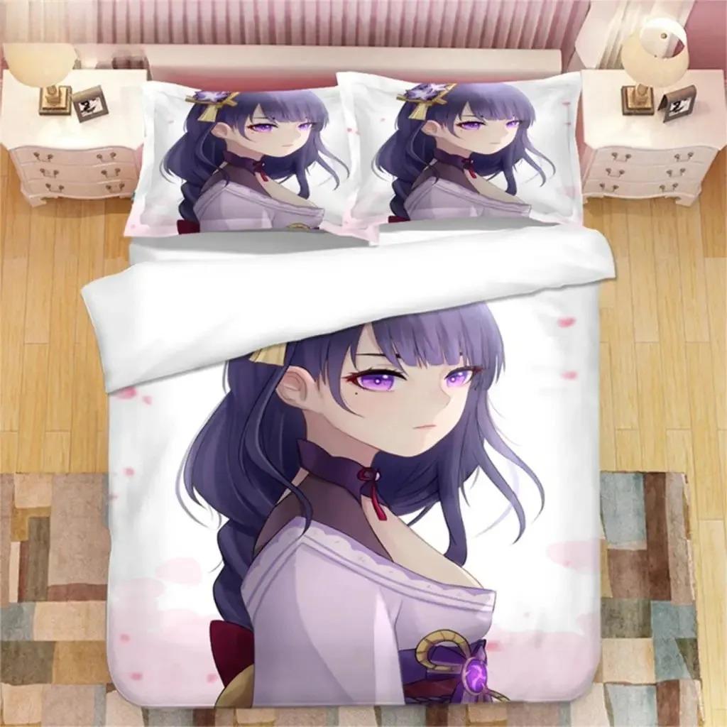 Genshin Impact Raiden Shogun Beding Set Bedrom Soft Modern Bedspreads Comefortable Children Kids Soft Duvet Cover Comfortable Quilt Cover And