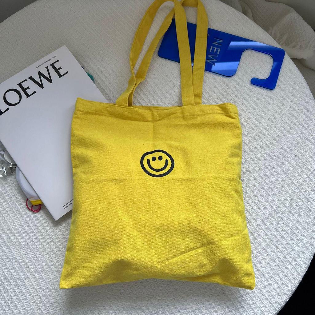 Korean Style Large Smile Face Canvas Bag - College Student Tote with Large Capacity for Books